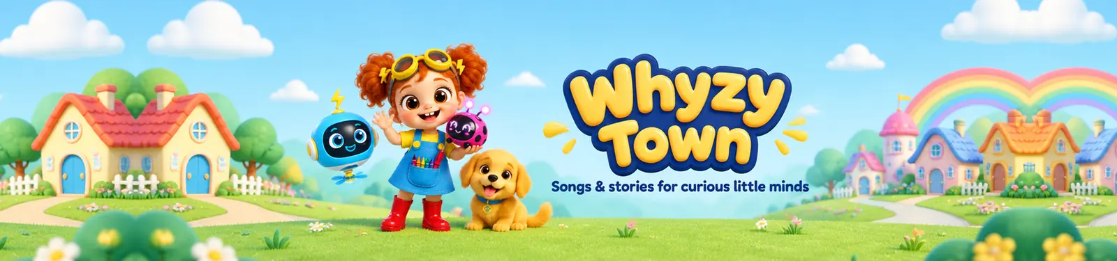 Volta, Wattsy, Dot and Mango waving in a sunny Whyzy Town meadow, with the Whyzy Town logo