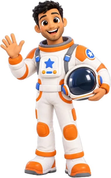 Commander Tomás Silva, a friendly man in a white and orange space suit, holding his helmet and waving
