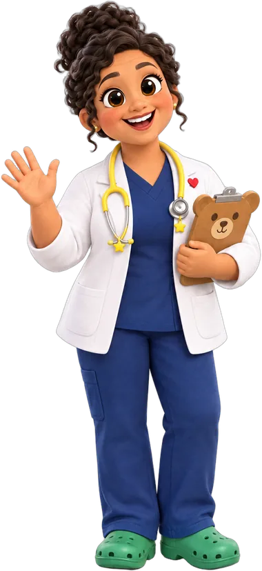 Dr. Sofia Reyes, a smiling woman in navy scrubs and a white coat with a yellow stethoscope