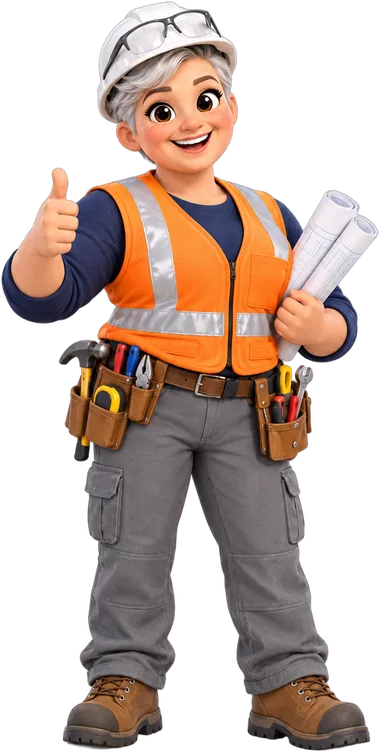 Ingrid Berg, a cheerful woman with silver hair, a white hard hat, a hi-vis vest and rolled-up plans