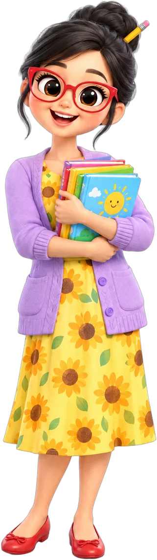 Ms. Layla Haddad, a smiling woman with red glasses, a lilac cardigan and a sunflower dress, holding books