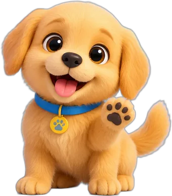 Mango, a fluffy golden puppy with a blue collar and a gold paw-print tag