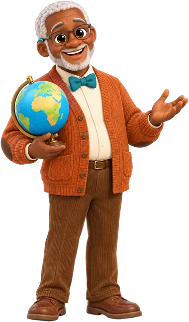 Professor Kofi Mensah, a kind older man with short white curls and a bow tie, holding a globe