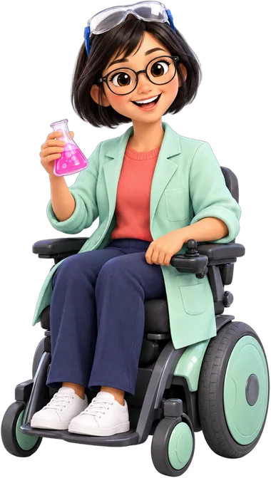 Dr. Juno Park, a smiling scientist in a mint lab coat, sitting in her wheelchair and holding a pink flask