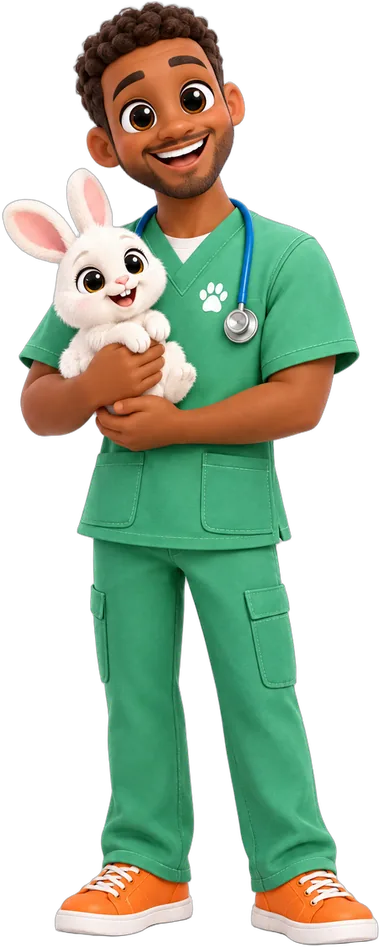 Dr. Arjun Mehta, a smiling man in green scrubs, gently holding a white bunny