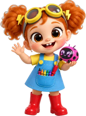 Volta, a little girl with two orange curly puffs, yellow goggles, a blue overall dress and red gumboots, holding Dot