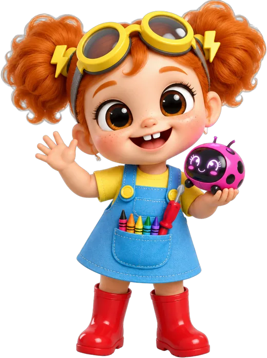 Volta, a little girl with two orange curly puffs, yellow goggles, a blue overall dress and red gumboots, holding Dot