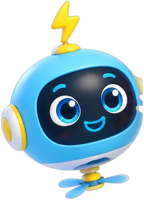 Wattsy, a round sky-blue flying robot with a smiley screen face, a yellow lightning-bolt antenna and a little propeller