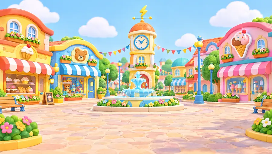 The Whyzy Town square with its clock tower and fountain
