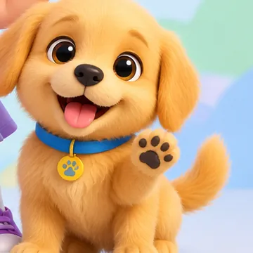 Mango, a fluffy golden puppy with a blue collar, waving a paw