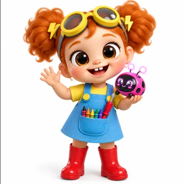 Volta, a smiling girl with curly red hair, yellow goggles and red gumboots